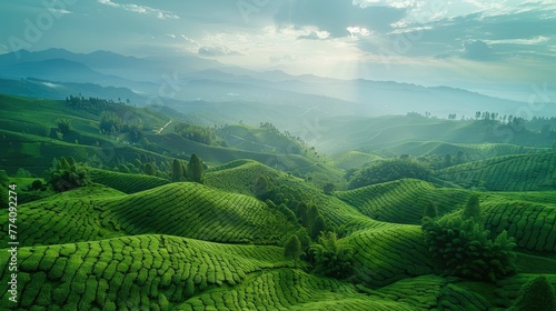 Tea plantation aerial view, sweeping vistas of rolling hills blanketed in tea bushes photo