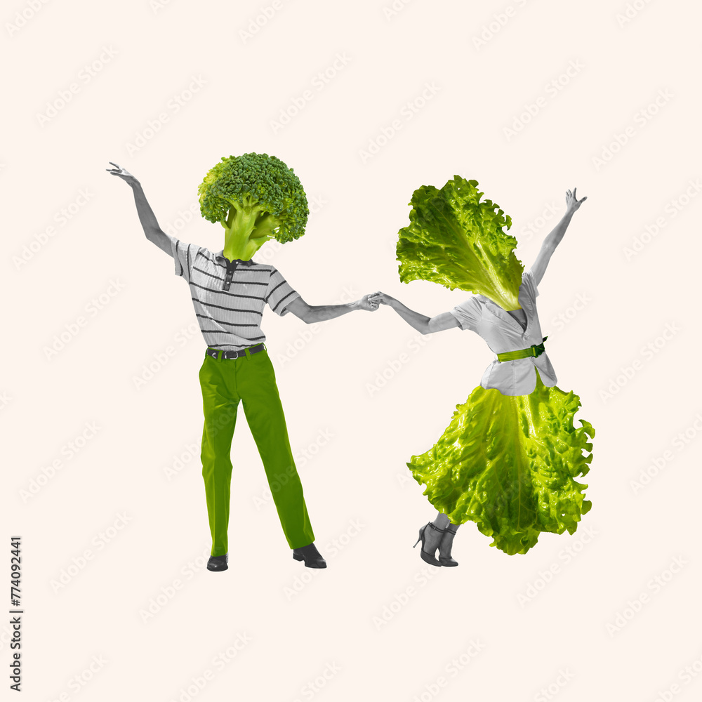 Monochrome image of man and woman with lettuce heads dancing isolated on white background. Contemporary art collage. Concept of healthy and active lifestyle, organic food, nutrition, dieting - obrazy, fototapety, plakaty 