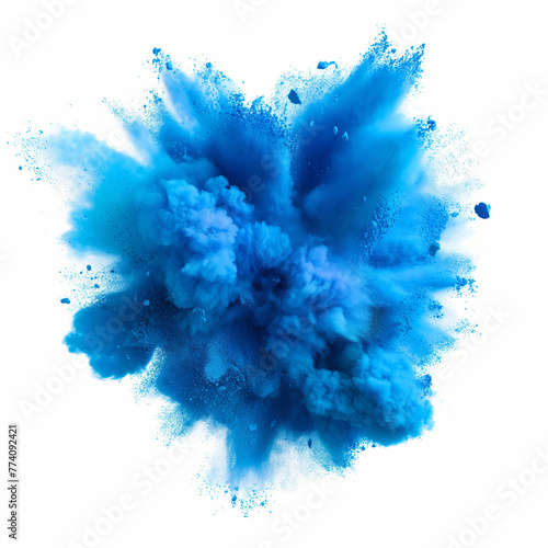 Blue vibrant Holi paint color powder explosion isolated on transparent background.