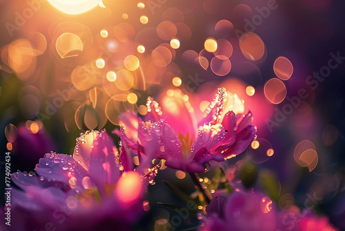 Sunset Glow on Dew-Kissed Flowers with Dreamy Bokeh