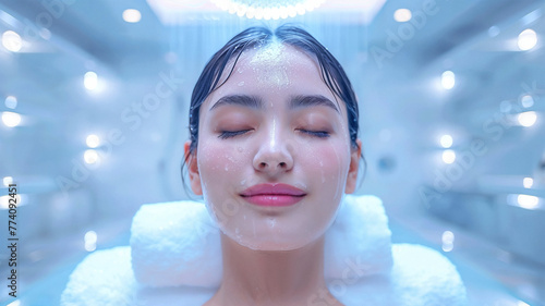 Close-up of a refreshed young woman with water droplets on her face, serene beauty concept.