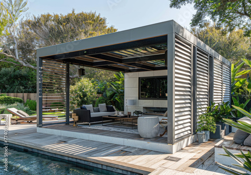 A modern and minimalist white timber pergola with slats on the roof