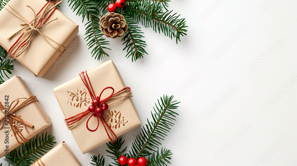 copy space background and Christmas gifts box. Christmas decorations with gift box on white background top view. Beige backdrop with tree branch, Ai generated 