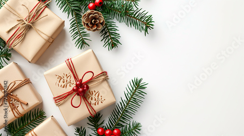 copy space background and Christmas gifts box. Christmas decorations with gift box on white background top view. Beige backdrop with tree branch  Ai generated 