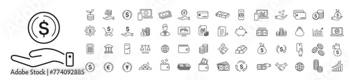 Finance icon set. cash earning money fund loan financial goal saving payments bank, cryptocurrency check wallet profit budget mutual revenue icons. Editable stroke line liner icons collection vector.