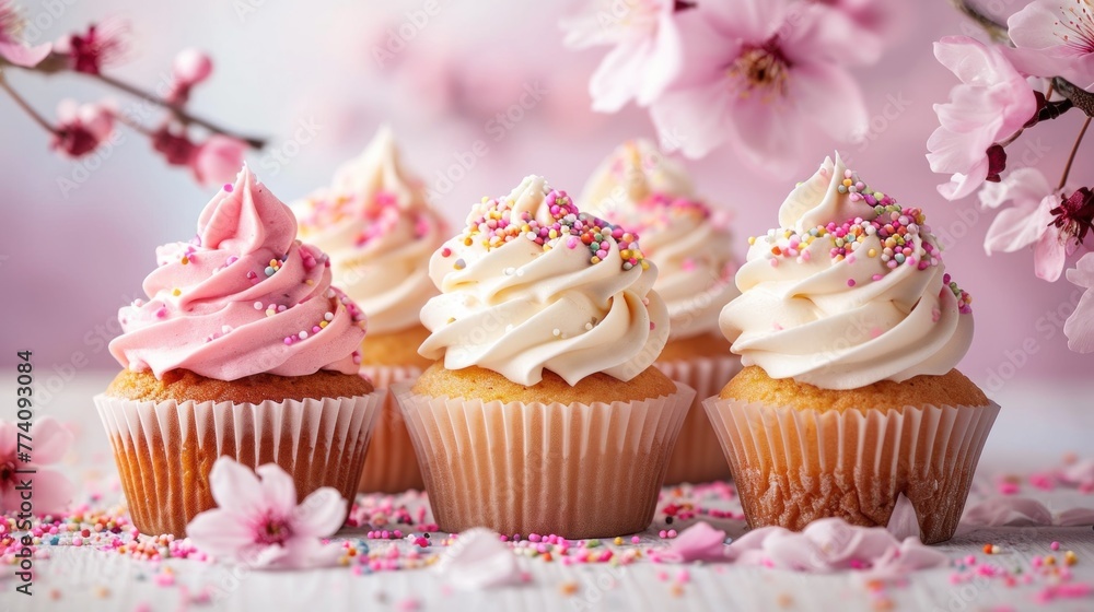 small apity magnificent cupcake and some sprinkles with pink blossoms, soft light background, banner