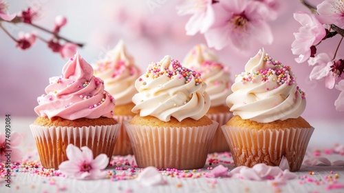 small apity magnificent cupcake and some sprinkles with pink blossoms  soft light background  banner
