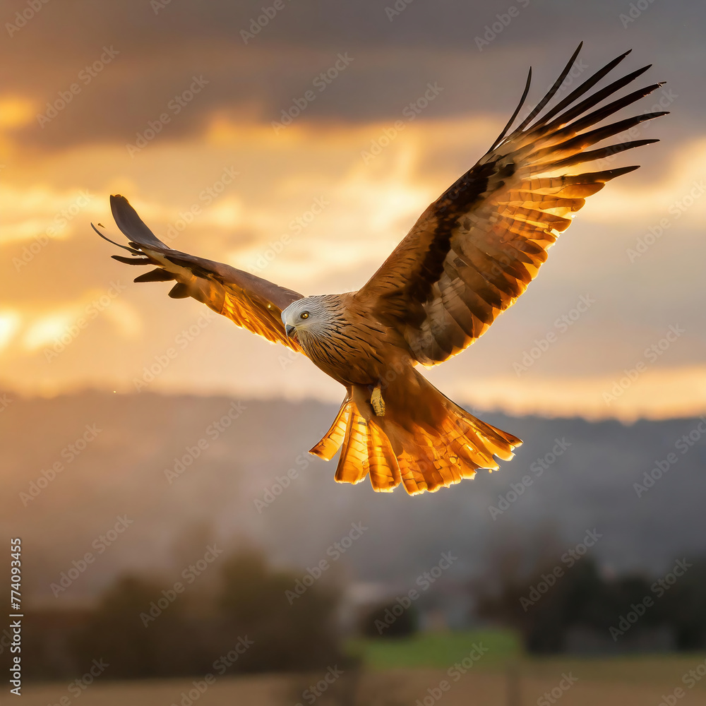 Red Kite (Milvus milvus) in flight with open wings at sunset Red Kite (Milvus milvus) in flight with open wings at sunset