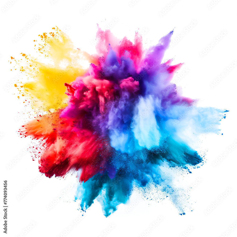 colorful vibrant rainbow Holi paint color powder explosion isolated on transparent background.