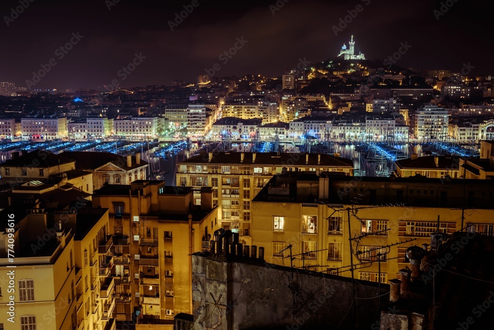 High angle night shot of Marseille buildings, France