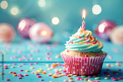 Celebration. birthday cupcake with candles. Confetti. Background image. Created with Generative AI technology.