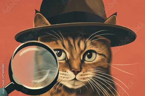 Illustration of a whimsical cat wearing a detective hat and holding a magnifying glass