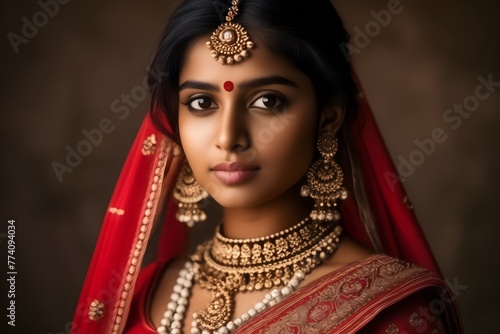 Portrait of beautiful indian girl in traditional Indian costume with kundan jewelry. photo
