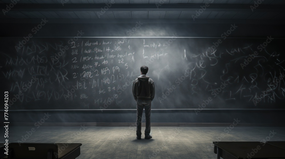 Obraz premium Teacher contemplating equations on a full chalkboard
