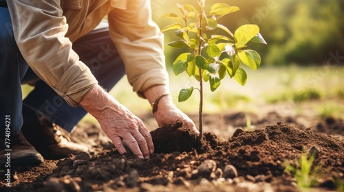 Elderly man nurturing young tree in lush garden setting