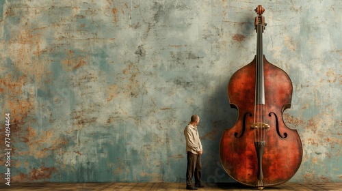 Man standing next to an oversized double bass against a rustic wall, illustrating scale and artistry © Irina Kozel