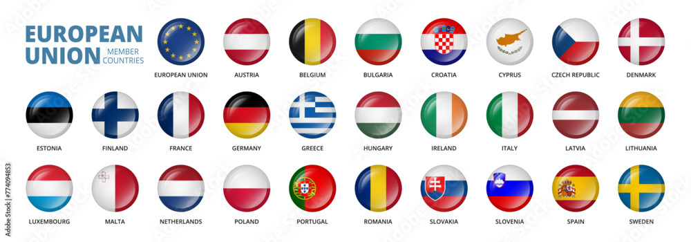 European Union countries flags. Round button badge. Vector and PNG on transparent background.