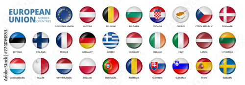European Union countries flags. Round button badge. Vector and PNG on transparent background.