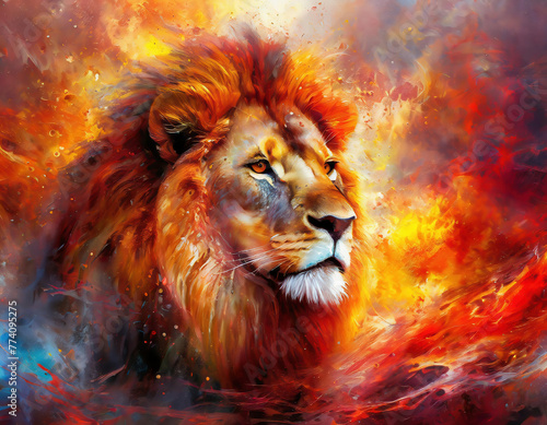  Oil painting of a majestic lion set against a backdrop of fiery warm tones