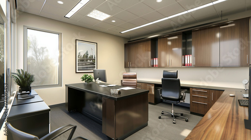 A view of the interior of a modern professional office reception area with recessed ceiling lighting, and a reception desk.