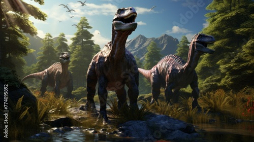 Three dinosaurs are standing in a forest, with one of them having its mouth open