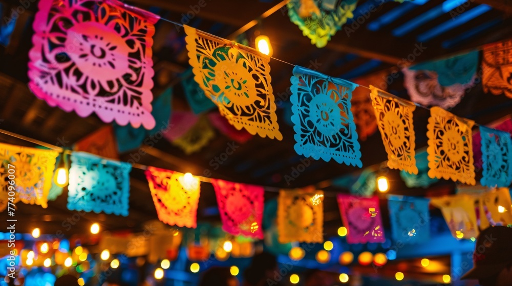 Colorful paper garland on the street at night. Bokeh background