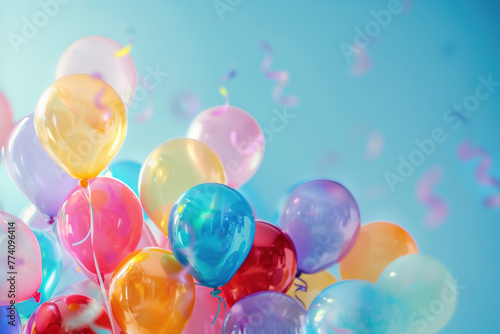 Celebration. Colorful balloons. Confetti, lights and bokeh. Background image. Created with Generative AI technology. © Artem