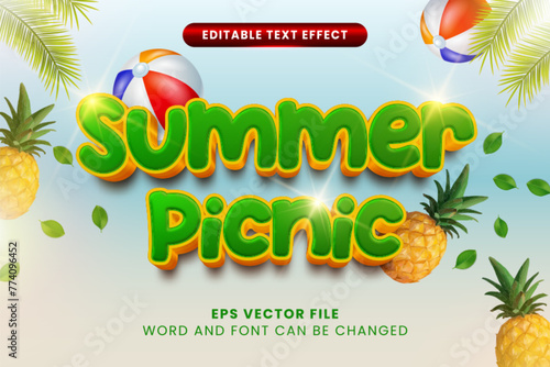 Summer picnic 3d editable vector text effect. Tropical summer beach text style