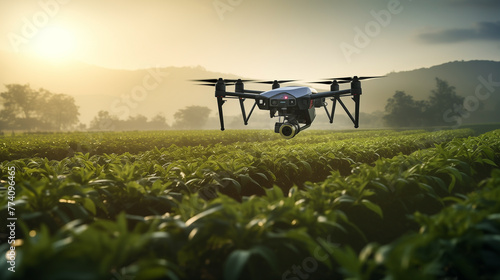 Agricultural drones flying on field.Smart farm drone flying modern technology in agriculture.Industrial drone over field and sprays useful pesticides to increase productivity destroys harmful insects photo