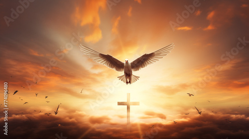 Doves fly in the sky. Christians have faith in Holy Spirit. Silhouette worship to god with love Faith, Spirit and jesus christ. Christian praying for peace. Glowing cross and doves in cloudy sky