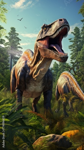 A large T-Rex is standing in a forest with two smaller T-Rexes behind it © liliyabatyrova