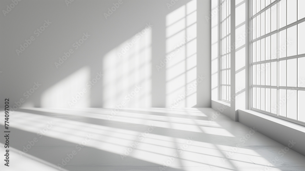 Mock-up of white empty room. Blurred abstract white studio background for product presentation. Empty room with shadows of window. Perspective of minimal interior design, Ai generated Mock-up of white empty room. Blurred abstract white studio background for product presentation. Empty room with shadows of window. Perspective of minimal interior design, Ai generated