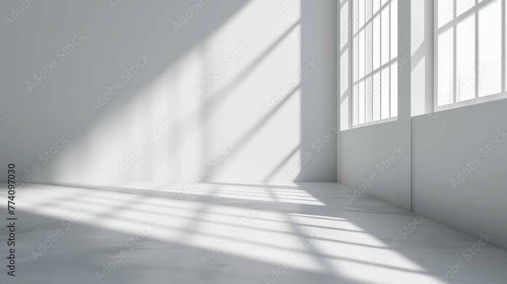 Fototapeta premium Mock-up of white empty room. Blurred abstract white studio background for product presentation. Empty room with shadows of window. Perspective of minimal interior design, Ai generated