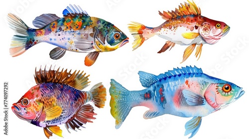 watercolor set of colorful fish on a white background