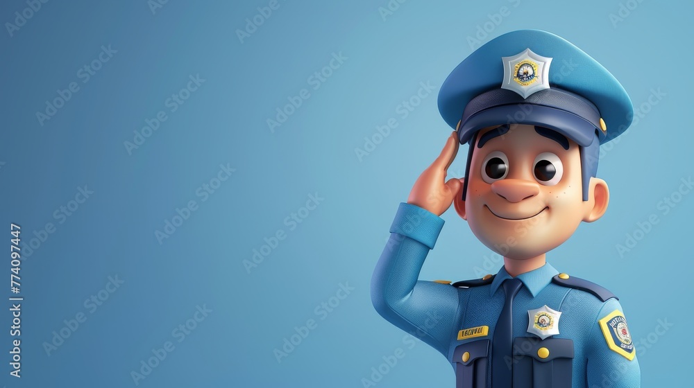 3D Cartoon Police Officer Saluting with Pride on Light Blue Background