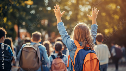 A girl is standing in front of a group of people, all wearing backpacks