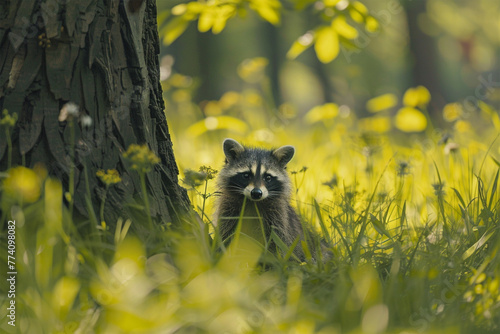 Raccoon standing next to tree trunk