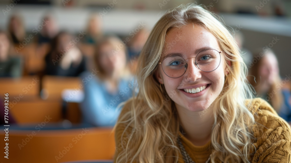 Portrait of a blonde hair caucasian happy university student sitting in a college lecture hall Portrait of a blonde hair caucasian happy university student sitting in a college lecture hall