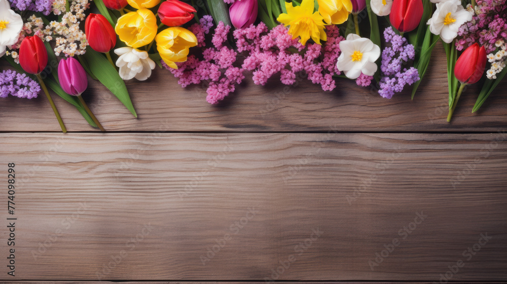 Purple tulip bouquet over wooden table with copy space Purple tulip bouquet over wooden table with copy space