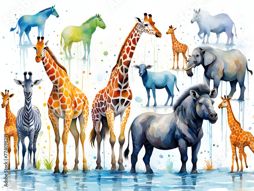 Wildlife illustrations giraffe   zebra   donkey   rabbit sheep  gorilla lion  leopard peacock hippopotamus in one wallpaper drawn