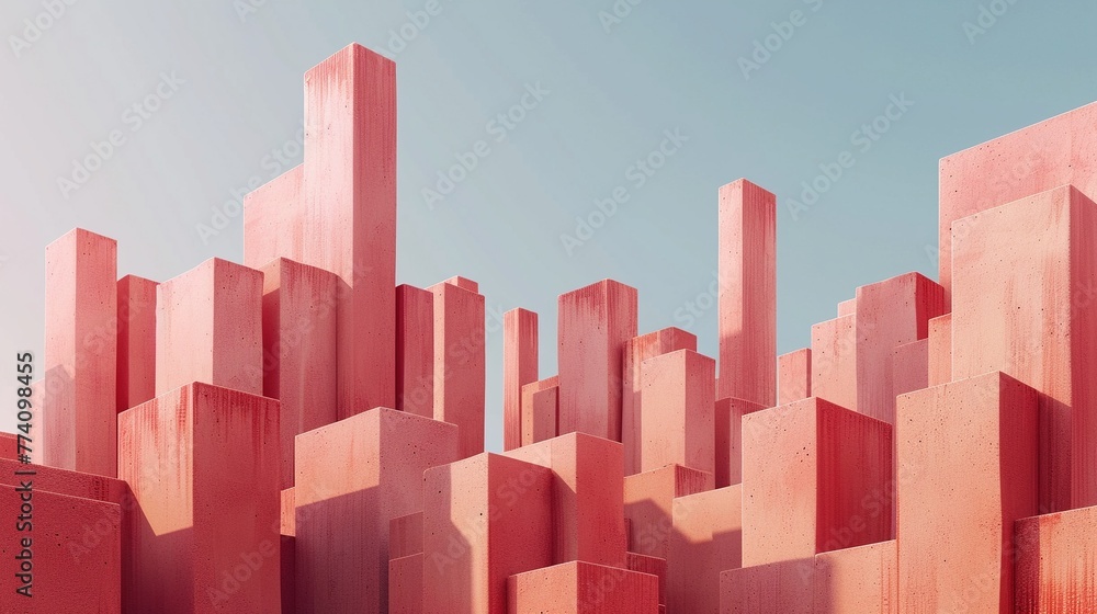 Geometric urban landscape of red terracotta skyscrapers against a clear blue sky in an abstract design.
