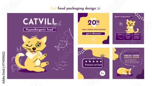 Pet food promotional social media post template.
Cat food packaging design. Petfood. Cat food set of instagram posts