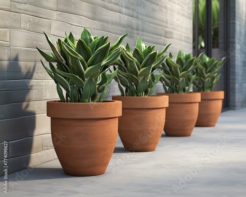 3D render of simple terracotta planters in a row, emphasizing form.