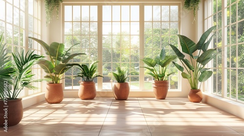 A room with a large window and several potted plants. The plants are arranged in a way that they are all facing the window, allowing them to receive plenty of sunlight.