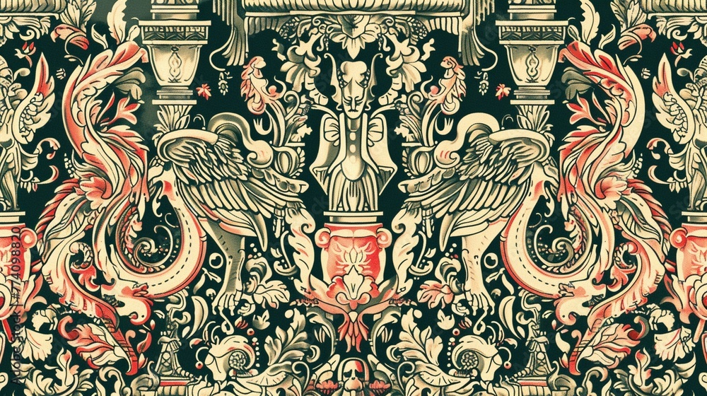 Obraz premium A complex tapestry pattern, blending historical events and mythological figures.