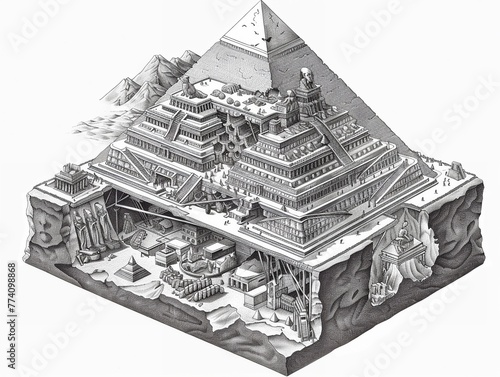A detailed cross-section of an ancient pyramid, revealing its inner chambers.