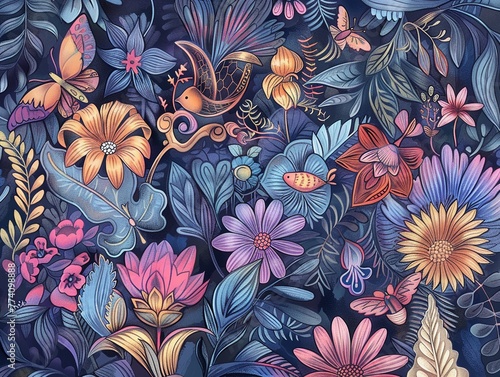 A mystical garden maze filled with hidden creatures and floral patterns.