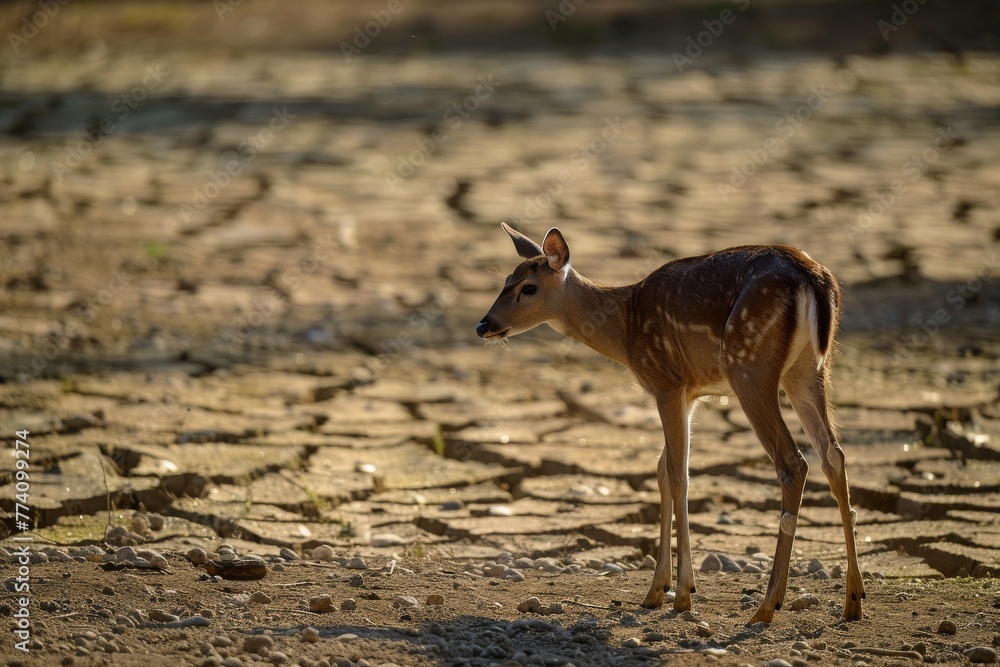 Young deer standing on a cracked earth field, highlighting the impact of drought on wildlife habitats Young deer standing on a cracked earth field, highlighting the impact of drought on wildlife habitats