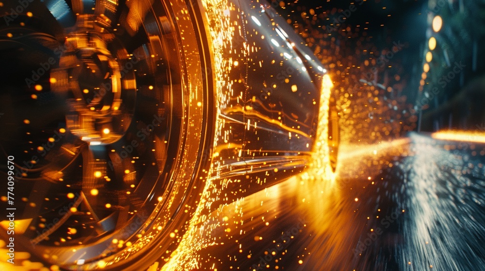 Close-up view of a car wheel in motion enveloped in intense fiery sparks and vivid light trails.