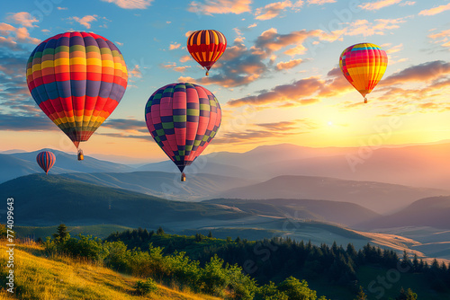 Colorful hot air balloons flying over mountain at sunset sky.